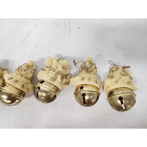 Vintage Snowman Christmas Tree Ornaments With Bells Resin And Brass Set Of 5 - Picture 5 of 8